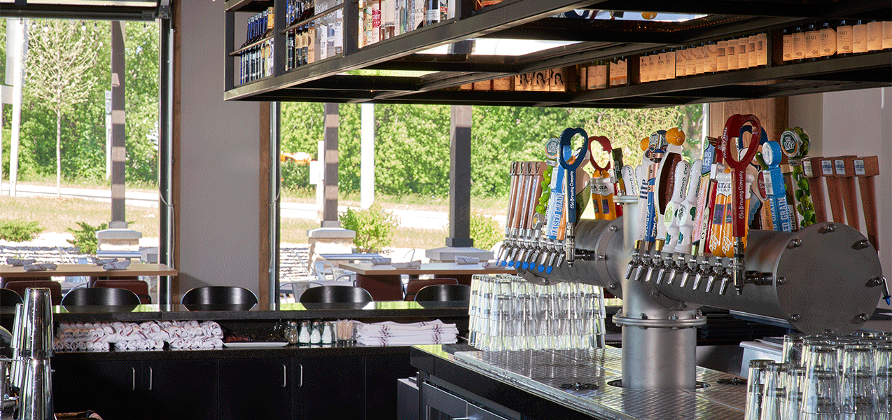 View from behind the bar at Liberty Station restaurant in Wisconsin, remodeled by Tri-North Builders.