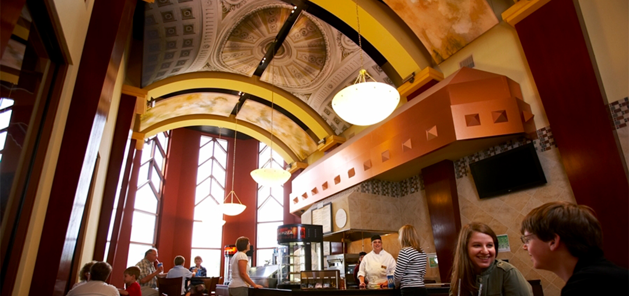 Ornate arched roof in lobby entrancce of Waukesha, WI, Majestic Cinema movie theater.