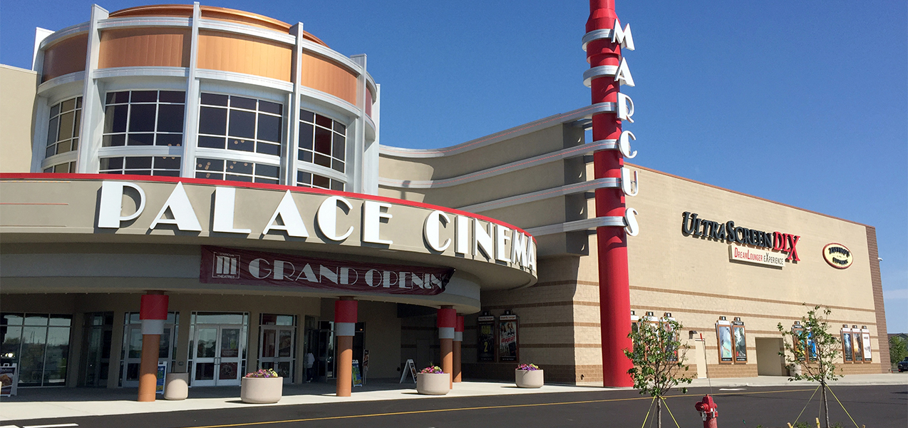 Entire front of building and front entrance of the Palace Cinema theater in Sun Prairie, WI, by Tri-North Builders.
