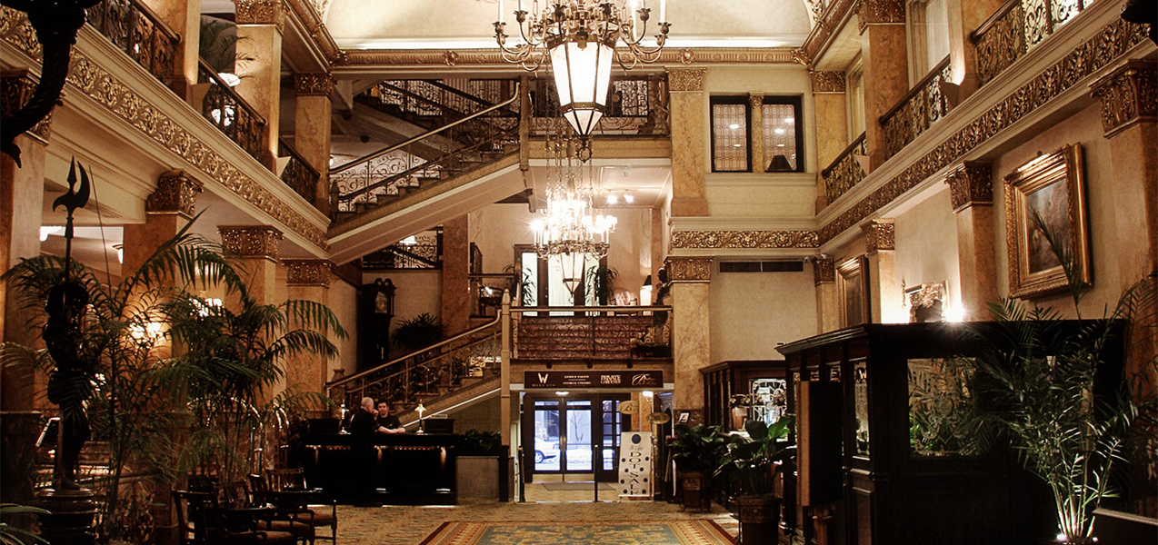 The ornate front entrance and lobby at the downtown Milwaukee Pfister hotel Tri-North Builders construction project.