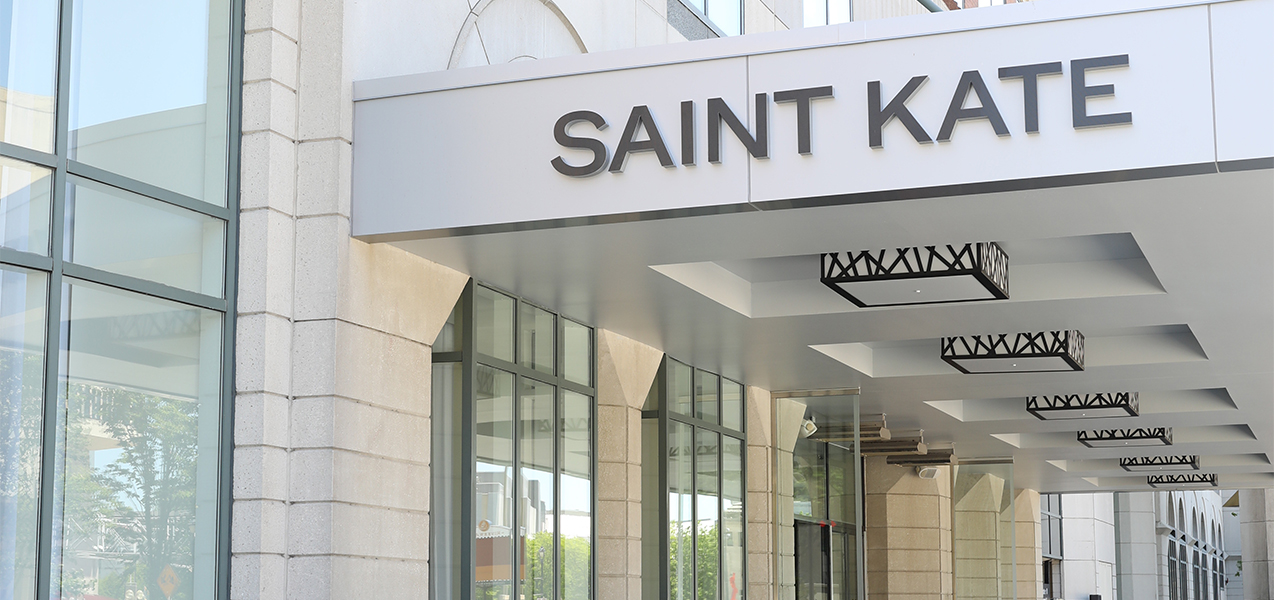 Saint Kate hotel in Milwakee front entrance sign and door as remodeled by Tri-North Builders