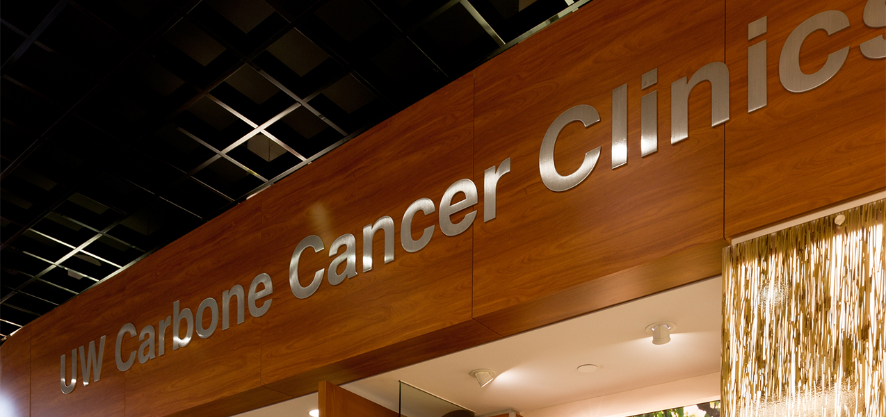 Sign with name shown inside the Tri-North Builders remodeled UW Carbone Cancer Center building.