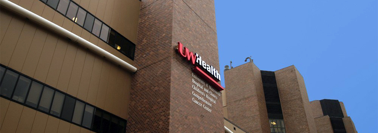 Front of building and sign at the UW Heatlh building for UW Hospitals in Wisconsin which is a Tri-North Builders project