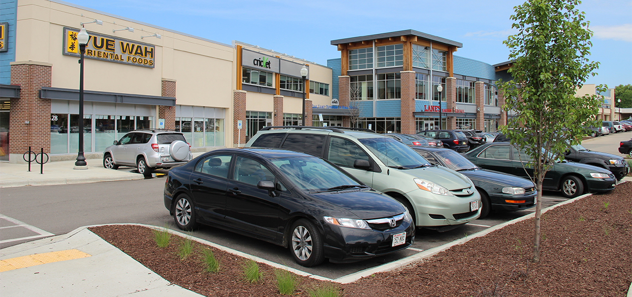 Parking lot and cars at The Villager mall built by Tri-North Builders in Wisconsin.